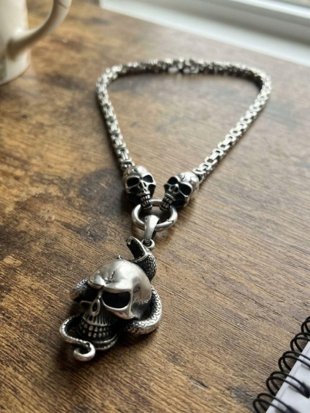 Mens skull snake cuban pendant necklace